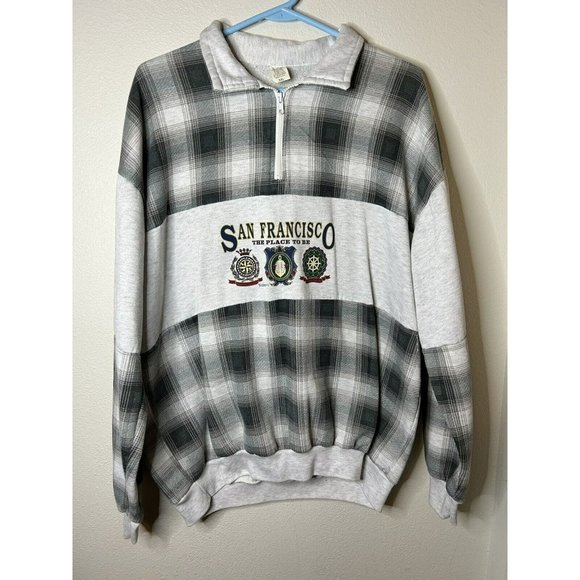 San Francisco The Place To Be 1994 Sweater Gray Plaid 1/4 Zip Size XXL Grey - Picture 1 of 14